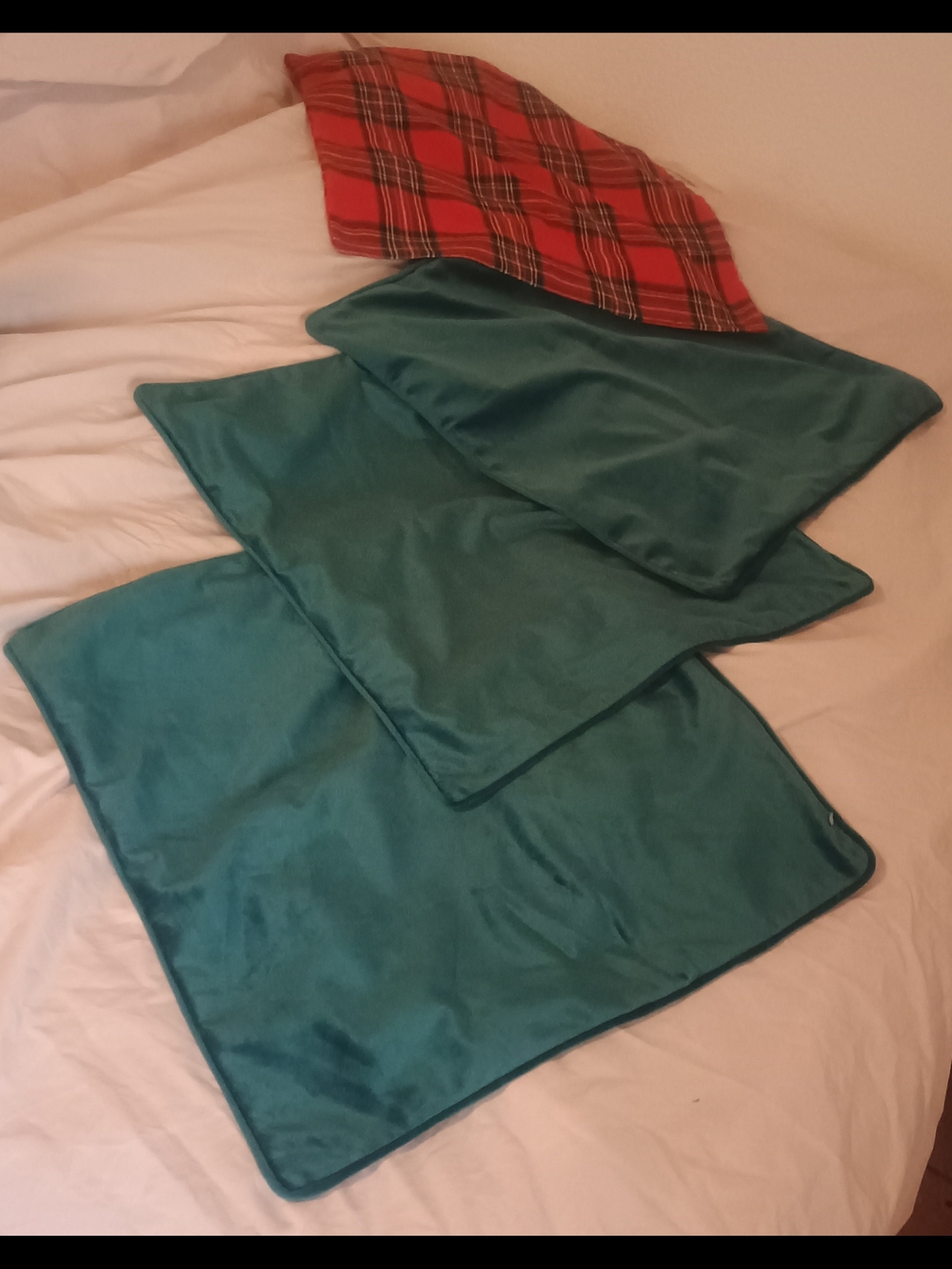 Brand New - Teal Velvet/Plaid Decorative Pillow Covers - Set of 4